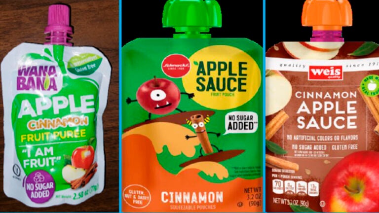 Three recalled applesauce products - WanaBana apple cinnamon fruit puree pouches, Schnucks-brand cinnamon-flavored applesauce pouches and variety pack, and Weis-brand cinnamon applesauce pouches.