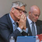 Actor Alec Baldwin, left, sits with his lawyer Luke Nikas, in District Court in Santa Fe, N.M., Monday, July 8, 2024, during a preliminary hearing in his involuntary manslaughter trial over a fatal shooting on the set of the film, "Rust."