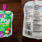 A WanaBana apple cinnamon fruit puree pouch.