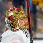 BOSTON, MASSACHUSETTS - APRIL 16: Joonas Korpisalo #70 of the Ottawa Senators warms up prior to a game against the Boston Bruins at the TD Garden on April 16, 2024 in Boston, Massachusetts.